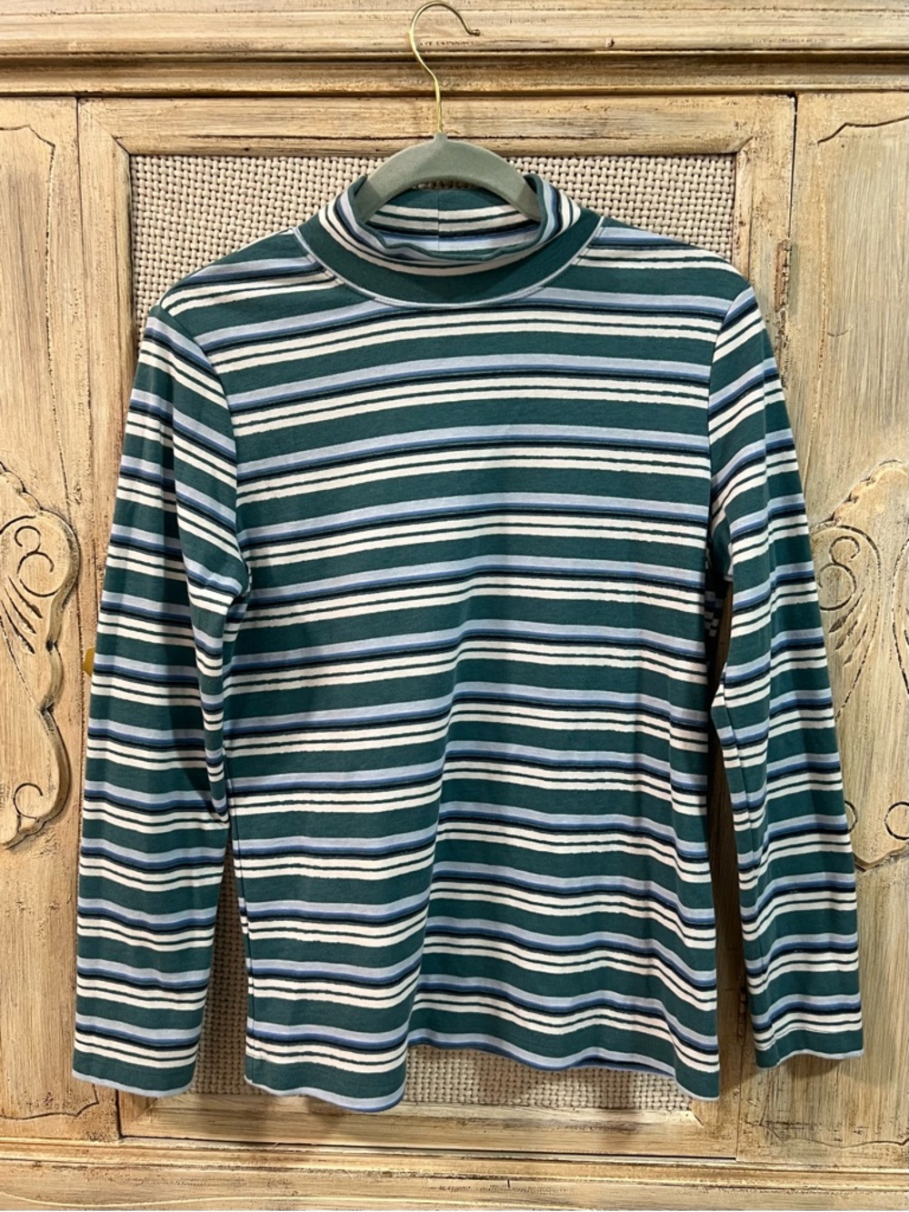 Karen Scott Green, White and Blue Striped Mock Neck Top